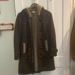 Aigel Warm brown tone polertec hooded long fleece jacket, toggles and zipper